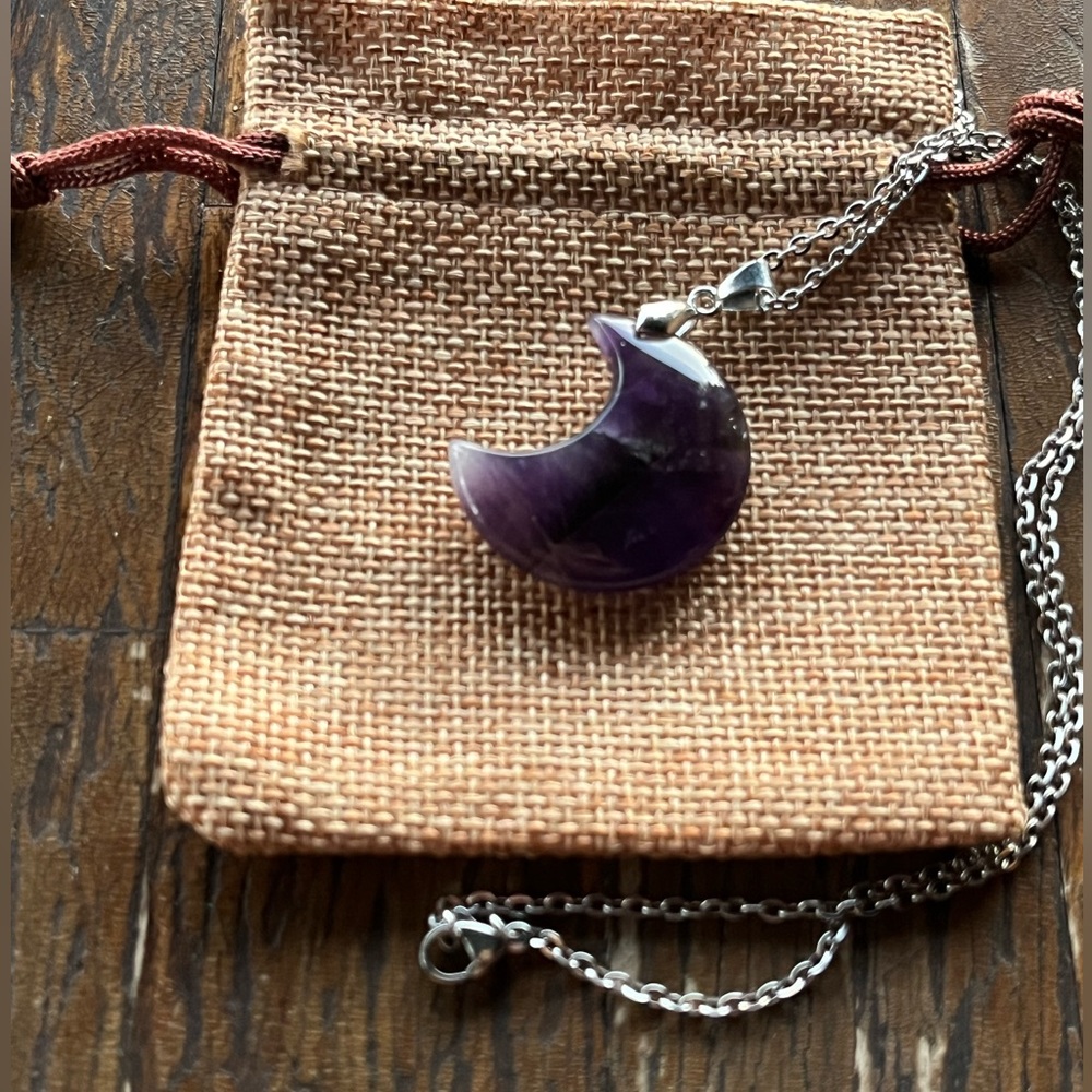 Amethyst Necklace Amethyst Pendant Stainlees Steel Chain Celestial Necklace - Picture 4 of 4